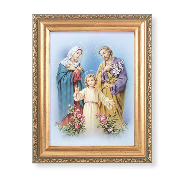 Holy Family Picture, Antique Gold 5-1/2"x7 Frame with Acanthus-Leaf Edging Under Glass # 28192