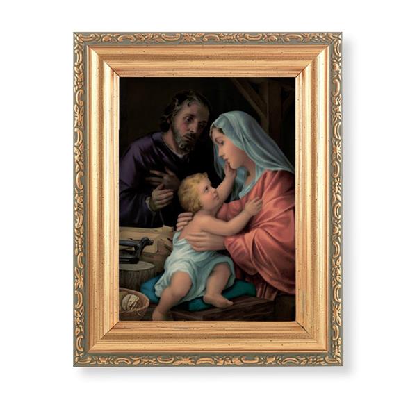 Simeone: Holy Family Picture, Antique Gold 5-1/2"x7 Frame with Acanthus-Leaf Edging Under Glass # 28194
