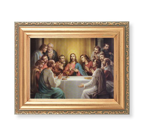 Last Supper Picture, Antique Gold 5-1/2"x7 Frame with Acanthus-Leaf Edging Under Glass # 28195