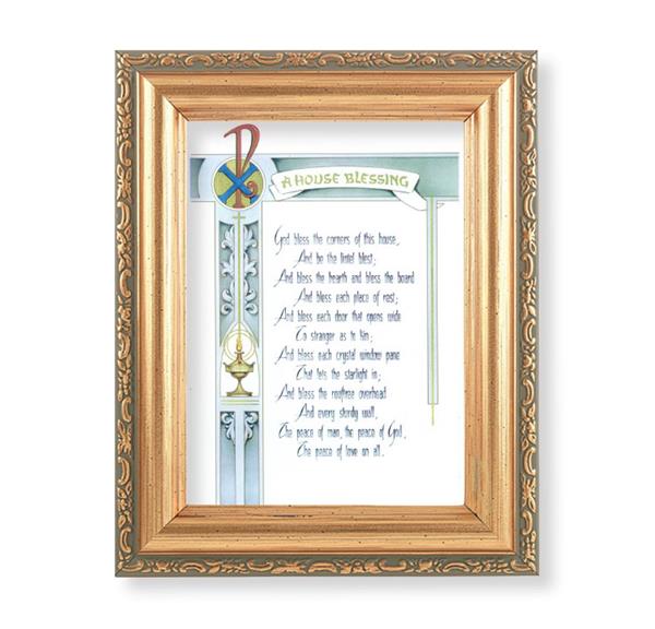 A House Blessing Picture, Antique Gold 5-1/2"x7 Frame with Acanthus-Leaf Edging Under Glass # 28197
