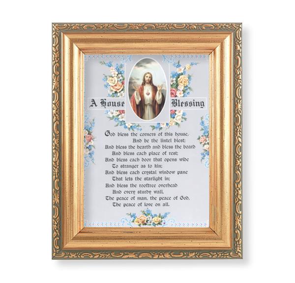A House Blessing Picture, Antique Gold 5-1/2"x7 Frame with Acanthus-Leaf Edging Under Glass # 28199
