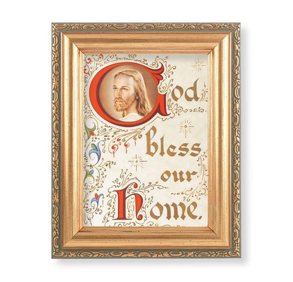 God Bless Our Home Picture, Antique Gold 5-1/2"x7 Frame with Acanthus-Leaf Edging Under Glass # 28200