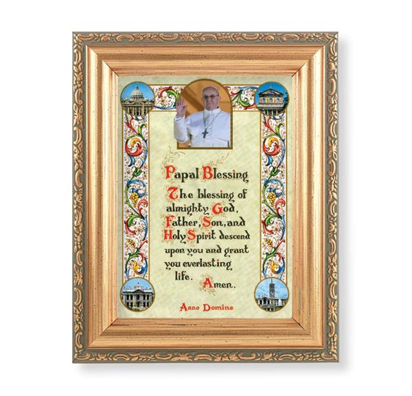 Papal Blessing Picture with Pope Francis, Antique Gold 5-1/2"x7 Frame with Acanthus-Leaf Edging Under Glass # 28204
