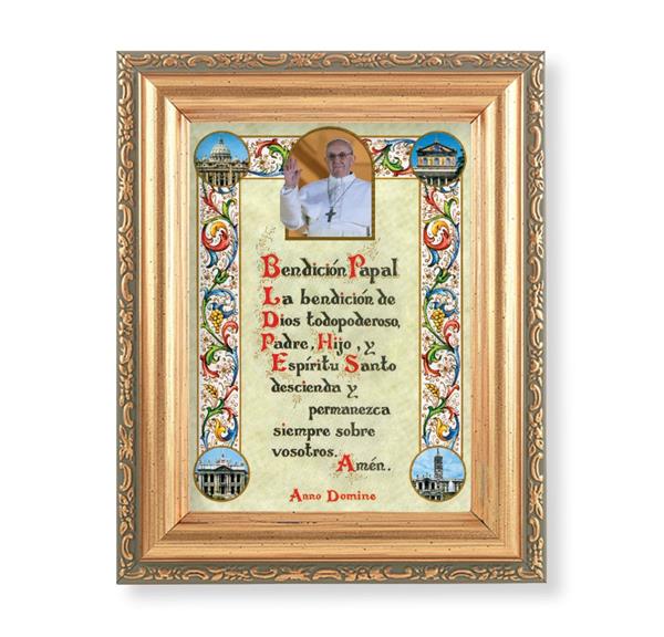 Spanish Papal Blessing Picture with Pope Francis, Antique Gold 5-1/2"x7 Frame with Acanthus-Leaf Edging Under Glass # 28205