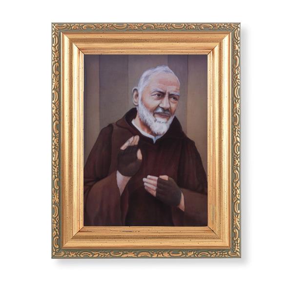 St. Padre Pio Picture, Antique Gold 5-1/2"x7 Frame with Acanthus-Leaf Edging Under Glass # 28206