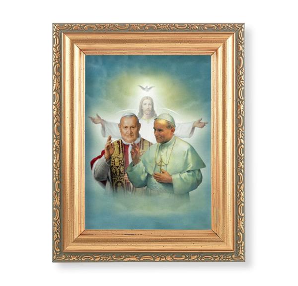 STS. Pope John XXIII & John Paul II Picture, Antique Gold 5-1/2"x7 Frame with Acanthus-Leaf Edging Under Glass # 28208