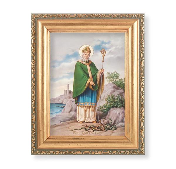 St. Patrick Picture, Antique Gold 5-1/2"x7 Frame with Acanthus-Leaf Edging Under Glass # 28213
