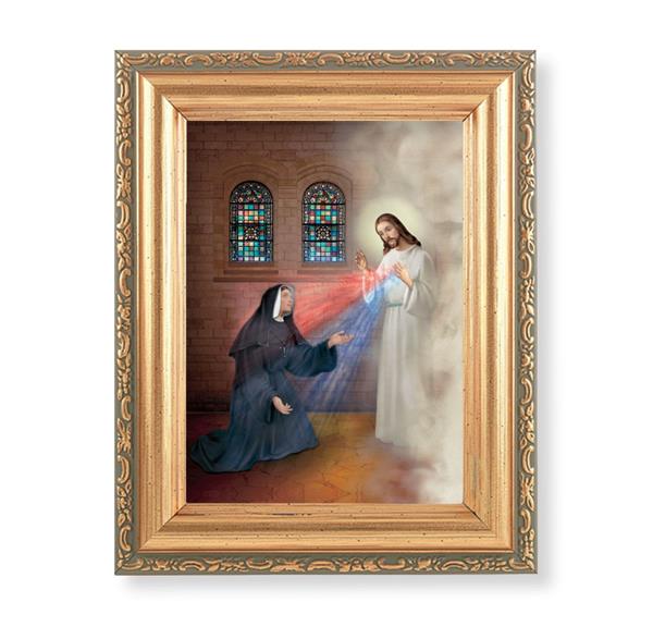 St. Maria Faustina & Divine Mercy Picture, Antique Gold 5-1/2"x7 Frame with Acanthus-Leaf Edging Under Glass # 28216