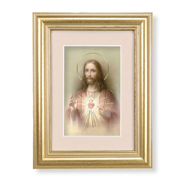 Sacred Heart of Jesus Picture, 5"x6.5" Antique Gold Fluted Frame, Behind Cream Velvet Matting # 28224