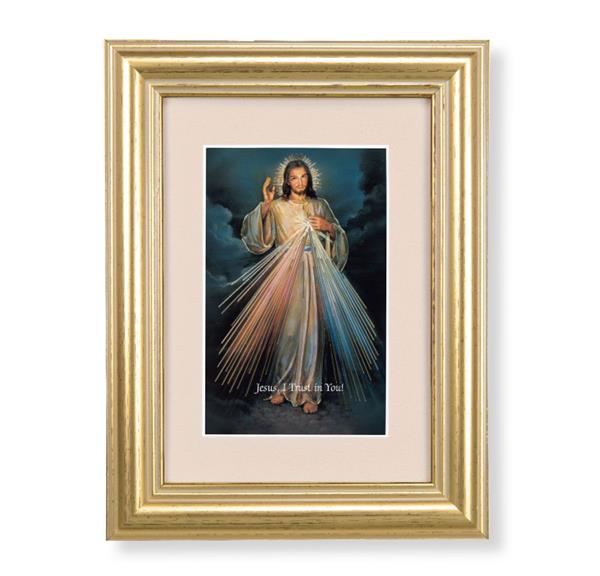 Divine Mercy Picture, 5"x6.5" Antique Gold Fluted Frame, Behind Cream Velvet Matting # 28225