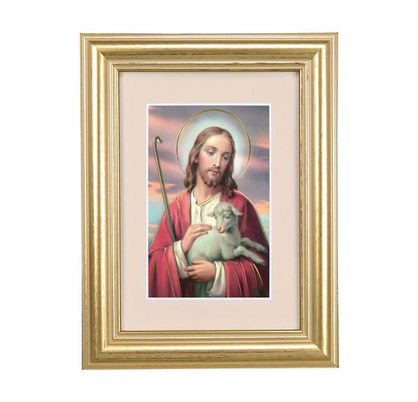 Good Shepherd Picture, 5"x6.5" Antique Gold Fluted Frame, Behind Cream Velvet Matting # 28226