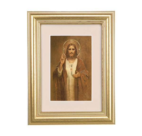 Sacred Heart of Jesus Picture, 5"x6.5" Antique Gold Fluted Frame, Behind Cream Velvet Matting # 28227