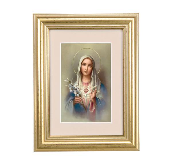 Immaculate Heart of Mary Picture, 5"x6.5" Antique Gold Fluted Frame, Behind Cream Velvet Matting # 28230