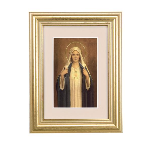 Immaculate Heart of Mary Picture, 5"x6.5" Antique Gold Fluted Frame, Behind Cream Velvet Matting # 28231
