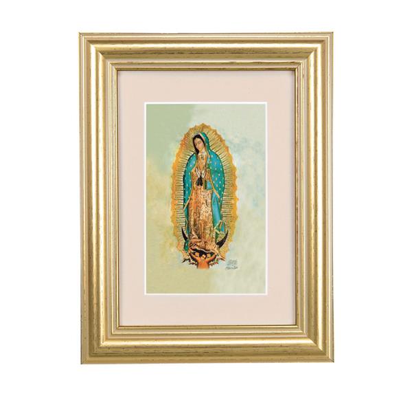Our Lady of Guadalupe Picture, 5"x6.5" Antique Gold Fluted Frame, Behind Cream Velvet Matting # 28232