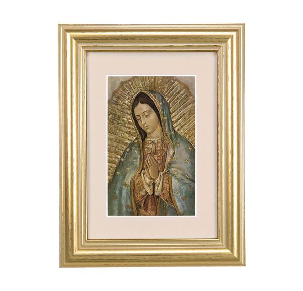 Our Lady of Guadalupe Picture, 5"x6.5" Antique Gold Fluted Frame, Behind Cream Velvet Matting # 28233