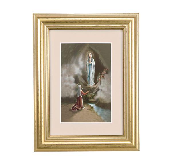 Our Lady of Lourdes Picture, 5"x6.5" Antique Gold Fluted Frame, Behind Cream Velvet Matting # 28238