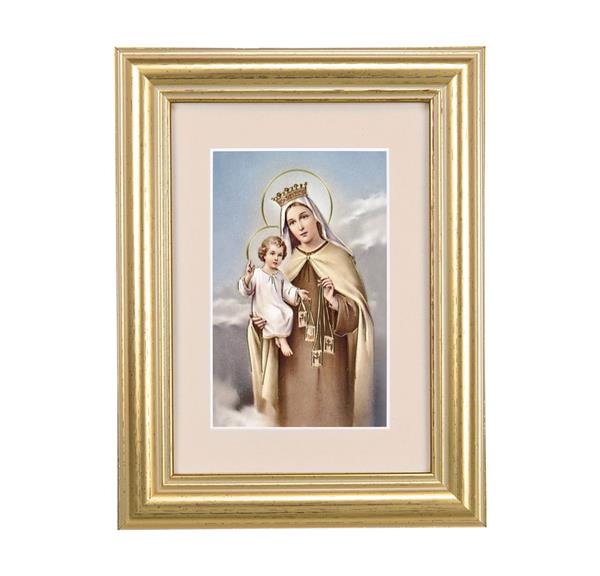 Our Lady of Mount Carmel Picture, 5"x6.5" Antique Gold Fluted Frame, Behind Cream Velvet Matting # 28240