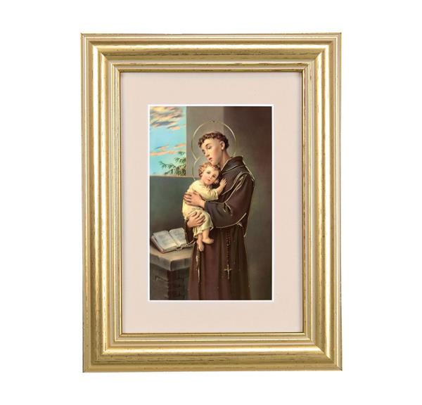 St. Anthony & Child Jesus Picture, 5"x6.5" Antique Gold Fluted Frame, Behind Cream Velvet Matting # 28241