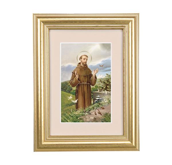 St. Francis of Assisi Picture, 5"x6.5" Antique Gold Fluted Frame, Behind Cream Velvet Matting # 28242