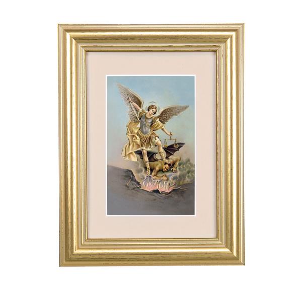 St. Michael Picture, 5"x6.5" Antique Gold Fluted Frame, Behind Cream Velvet Matting # 28244