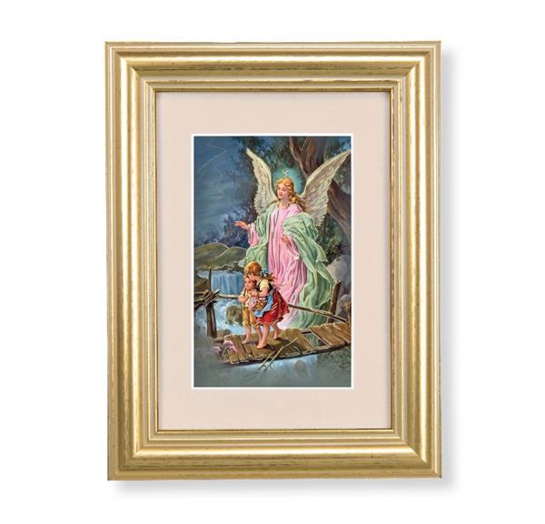 Guardian Angel with Children on Bridge Picture, 5"x6.5" Antique Gold Fluted Frame, Behind Cream Velvet Matting # 28246