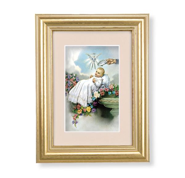 Baby Baptism Picture, 5"x6.5" Antique Gold Fluted Frame, Behind Cream Velvet Matting # 28249