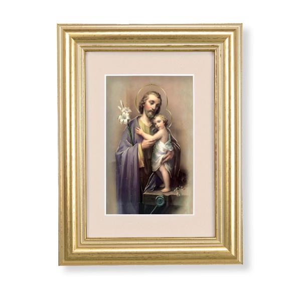 St. Joseph & Child Jesus Picture, 5"x6.5" Antique Gold Fluted Frame, Behind Cream Velvet Matting # 28252