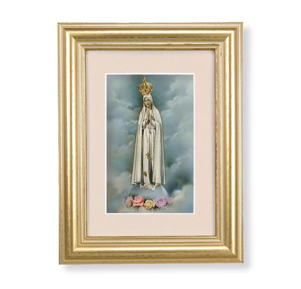 Our Lady of Fatima Picture, 5"x6.5" Antique Gold Fluted Frame, Behind Cream Velvet Matting # 28253