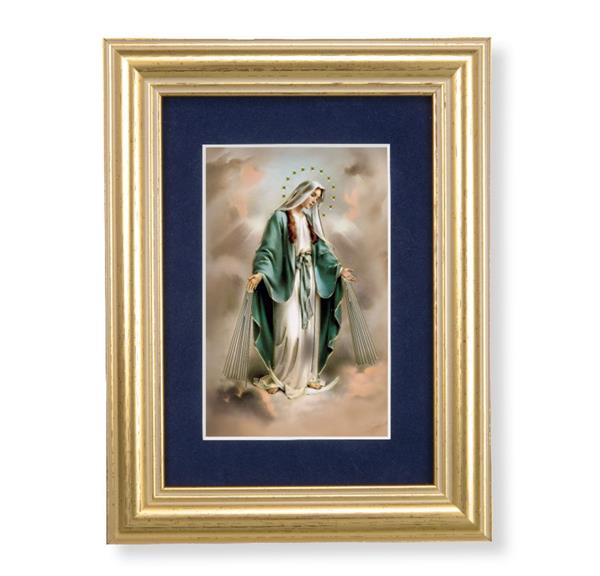 Our Lady of Grace Picture, 5"x6.5" Antique Gold Fluted Frame, Behind Blue Velvet Matting # 28255