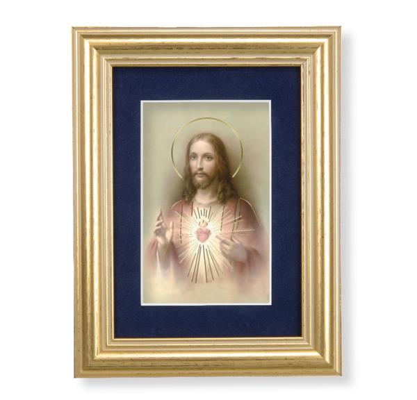 Sacred Heart of Jesus Picture, 5"x6.5" Antique Gold Fluted Frame, Behind Blue Velvet Matting # 28256