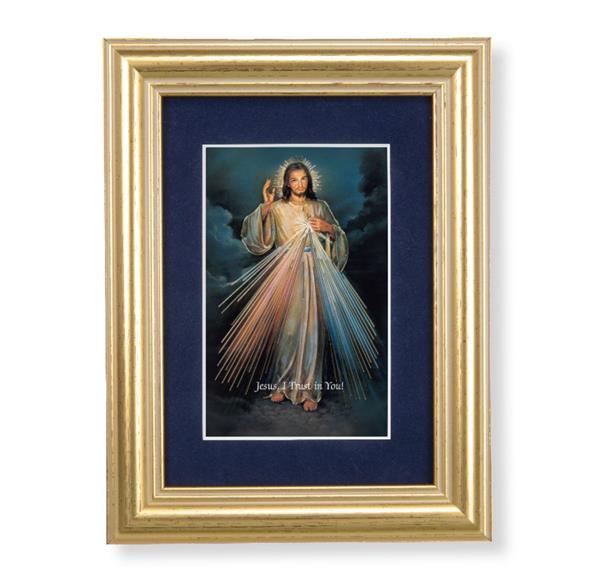 Divine Mercy Picture, 5"x6.5" Antique Gold Fluted Frame, Behind Blue Velvet Matting # 28257