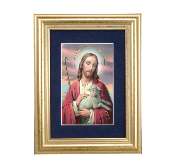 Good Shepherd Picture, 5"x6.5" Antique Gold Fluted Frame, Behind Blue Velvet Matting # 28258