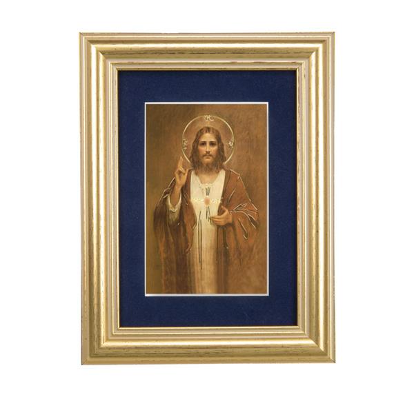 Sacred Heart of Jesus Picture, 5"x6.5" Antique Gold Fluted Frame, Behind Blue Velvet Matting # 28259