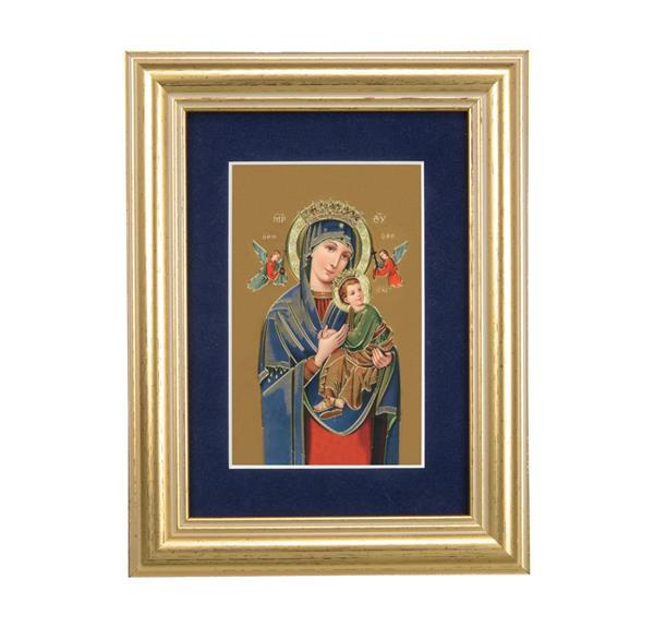 Our Lady of Perpetual Help Picture, 5"x6.5" Antique Gold Fluted Frame, Behind Blue Velvet Matting # 28261