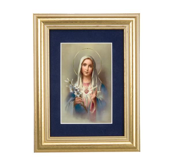Immaculate Heart of Mary Picture, 5"x6.5" Antique Gold Fluted Frame, Behind Blue Velvet Matting # 28262