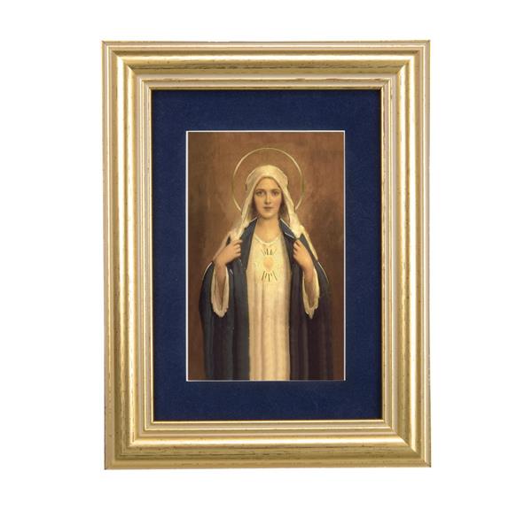 Immaculate Heart of Mary Picture, 5"x6.5" Antique Gold Fluted Frame, Behind Blue Velvet Matting # 28263