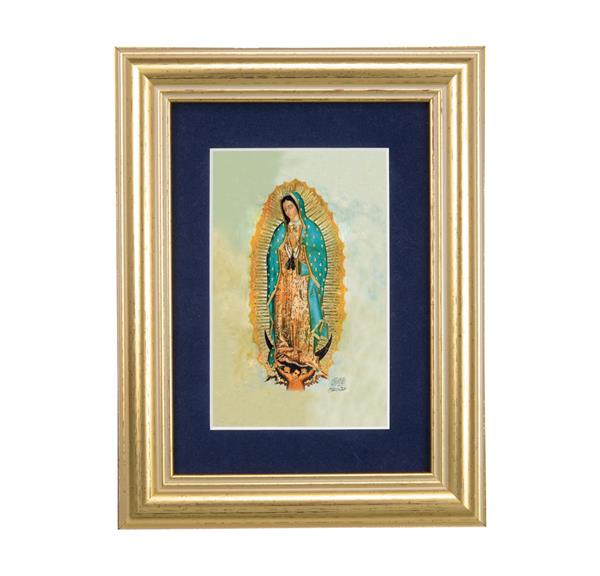 Our Lady of Guadalupe Picture, 5"x6.5" Antique Gold Fluted Frame, Behind Blue Velvet Matting # 28264