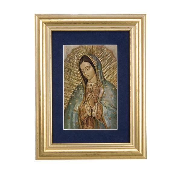 Our Lady of Guadalupe Picture, 5"x6.5" Antique Gold Fluted Frame, Behind Blue Velvet Matting # 28265