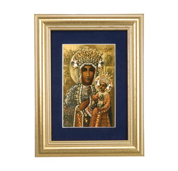 Our Lady of Czestochowa Picture, 5"x6.5" Antique Gold Fluted Frame, Behind Blue Velvet Matting # 28266