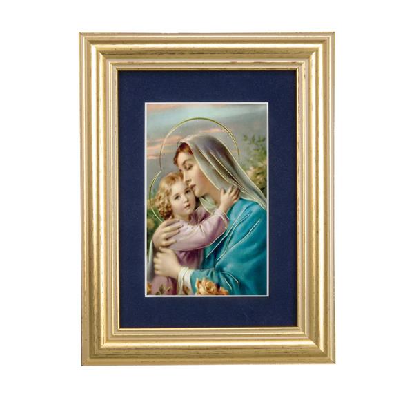 Madonna & Child Picture, 5"x6.5" Antique Gold Fluted Frame, Behind Blue Velvet Matting # 28267