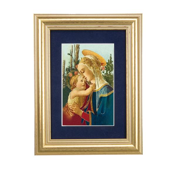 Madonna & Child Picture, 5"x6.5" Antique Gold Fluted Frame, Behind Blue Velvet Matting # 28268