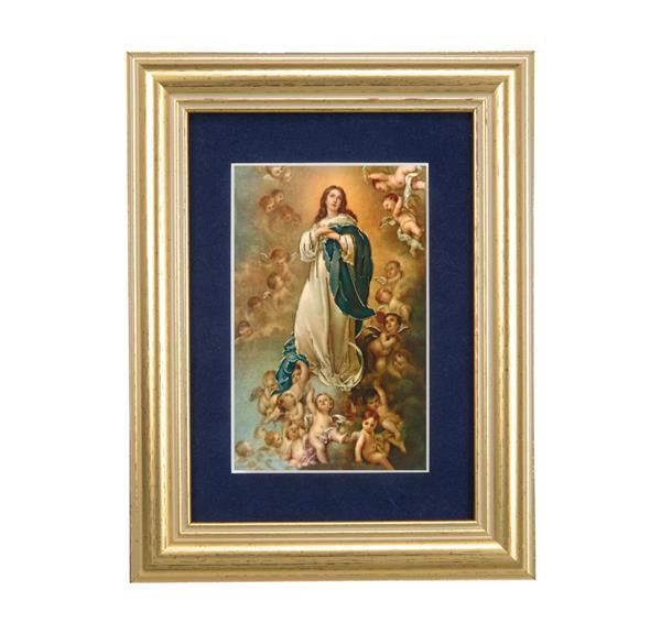Immaculate Conception Picture, 5"x6.5" Antique Gold Fluted Frame, Behind Blue Velvet Matting # 28269