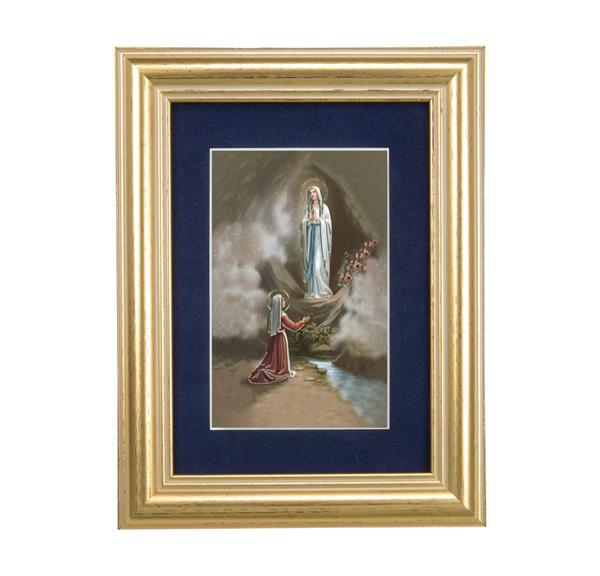 Our Lady of Lourdes Picture, 5"x6.5" Antique Gold Fluted Frame, Behind Blue Velvet Matting # 28270