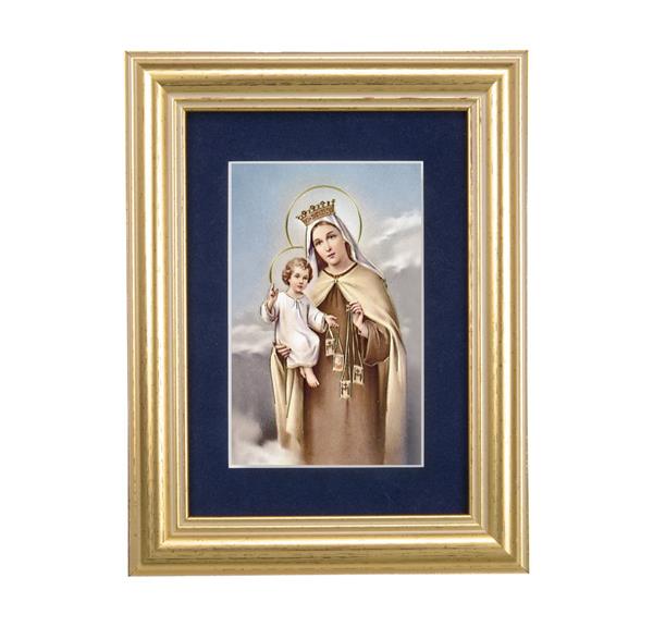 Our Lady of Mount Carmel Picture, 5"x6.5" Antique Gold Fluted Frame, Behind Blue Velvet Matting # 28272