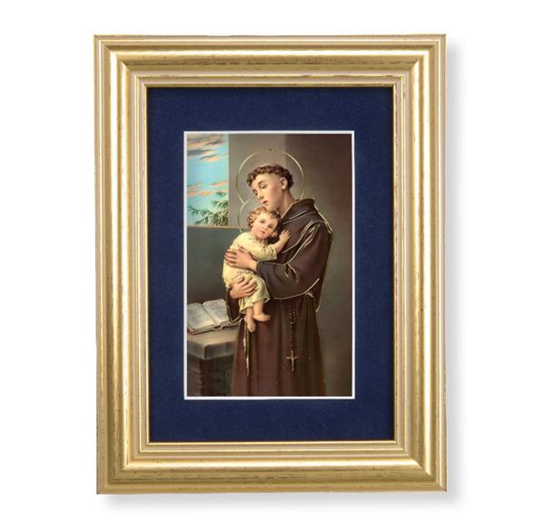 St. Anthony & Child Jesus Picture, 5"x6.5" Antique Gold Fluted Frame, Behind Blue Velvet Matting # 28273