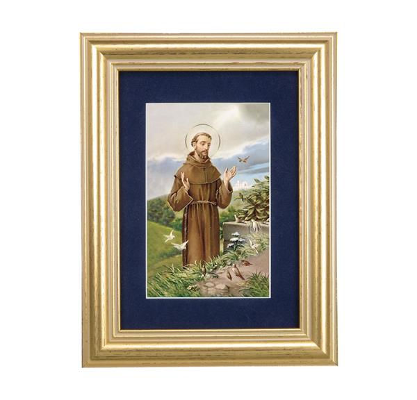 St. Francis of Assisi Picture, 5"x6.5" Antique Gold Fluted Frame, Behind Blue Velvet Matting # 28274