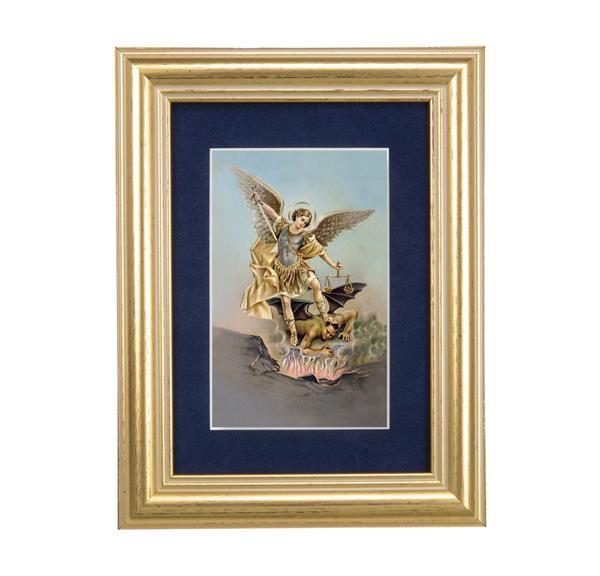 St. Michael Picture, 5"x6.5" Antique Gold Fluted Frame, Behind Blue Velvet Matting # 28276