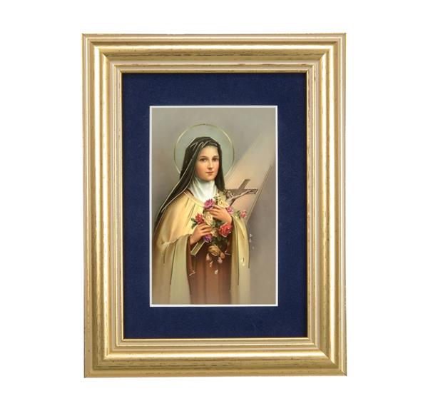St. Therese of Lisieux Picture, 5"x6.5" Antique Gold Fluted Frame, Behind Blue Velvet Matting # 28277