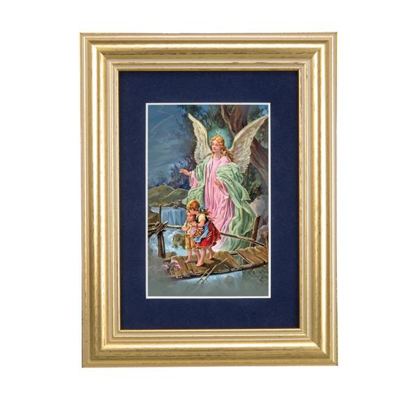 Guardian Angel with Children on Bridge Picture, 5"x6.5" Antique Gold Fluted Frame, Behind Blue Velvet Matting # 28278